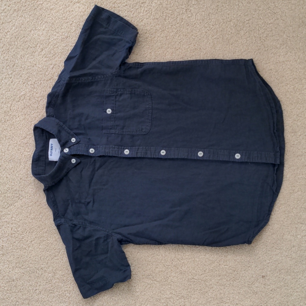 Boys Solid Navy Button Down Short Sleeve Shirt (Size L 10-12)